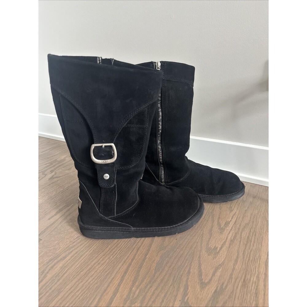 Uggs Black Cargo Tall Suede Boots Sheepskin Lined Women’s Size 9 Buckle Warm